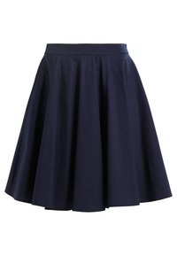 Jupe courte bleu marine, de coupe évas ée à hauteur du genou, fabriquée en coton lisse, présentant une taille ajustée et un design plissé pour plus de volume.