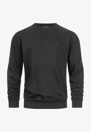 Black sweatshirt made from cotton blend, featuring a crew neck, long sleeves, ribbed cuffs and hem, and a subtle logo on the chest.