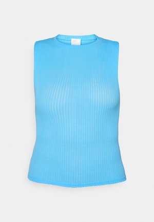 Prążkowany, bezrękawnik w jaskrawym niebieskim kolorze. Gładka tekstura, okrągły dekolt i lekko skrócony krój. Wykończony czystym suwem.