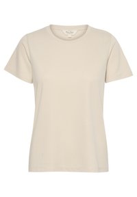 T-shirt corto maniche corte beige chiaro realizzato in morbido cotone misto. Caratterizzato da un colletto rotondo e una texture liscia, senza pattern o decorazioni visibili.