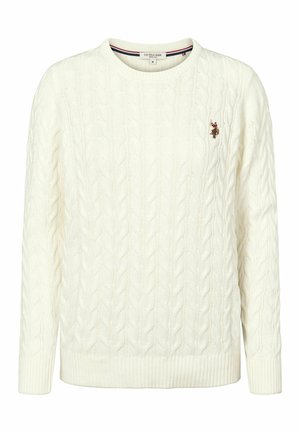 Cremfarbener Kabelstrickpullover mit Rundhalsausschnitt und gerippten Bündchen. Mit gesticktem Logo auf der Brust. Hergestellt aus weichem Strickmaterial.