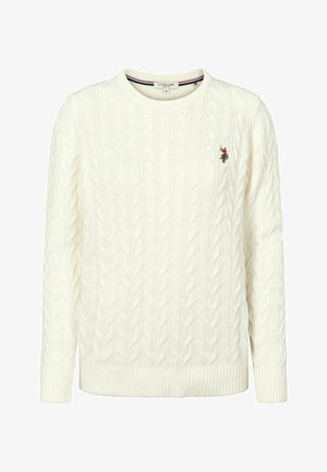 Cremfarbener Kabelstrickpullover mit Rundhalsausschnitt und gerippten Bündchen. Mit gesticktem Logo auf der Brust. Hergestellt aus weichem Strickmaterial.