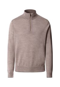 Pullover trui, lichtbruin, hoge kraag met rits tot halverwege, lange mouwen, geribbelde manchetten en zoom, zachte textuur, geen zichtbare patronen.