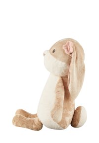 Soft, plush rabbit toy in beige and cream, featuring long ears, a pink flower accent, and a round tail. Details include subtle stitching patterns.