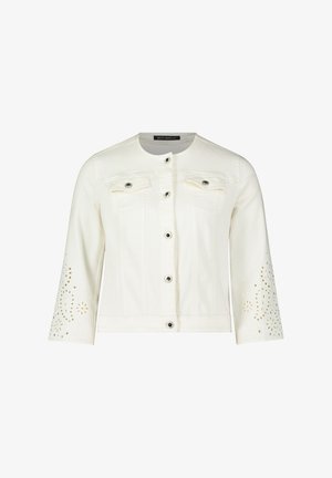 Hvid denimjakke med rund halsudskæring, frontknaplukning, to brystlommer og hulbroderi på ærmerne.