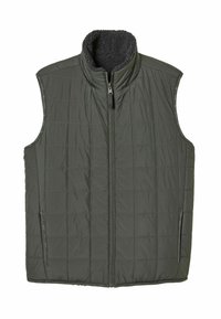 Dunkelgrüne gesteppte Weste mit hohem Kragen und Reißverschluss. Sie verfügt über ein weiches, texturiertes Futter und zwei seitliche Taschen zur Aufbewahrung.