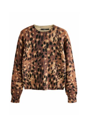 Maglione a stampa leopardata in tonalità di marrone e nero, con scollo e polsini a coste, dalla consistenza morbida e dal design a vestibilità ampia.