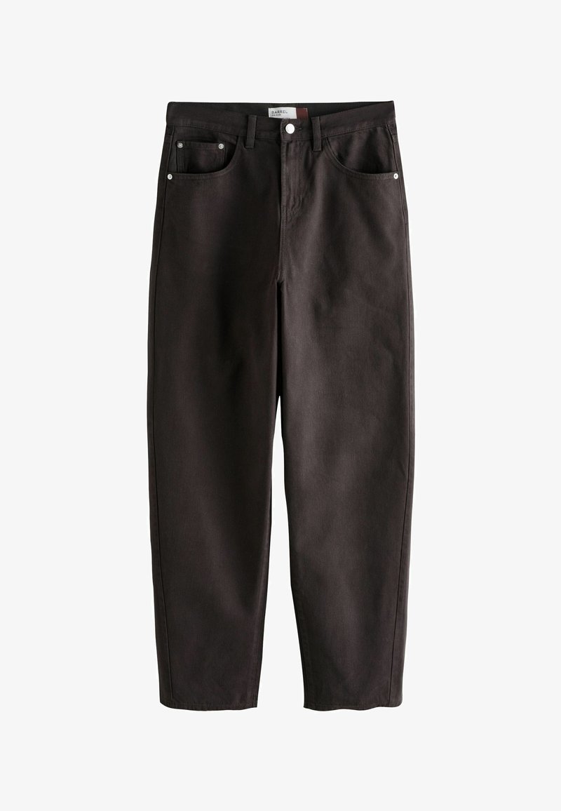 Jean droit taille haute marron foncé avec bouton et fermeture éclair devant, passants de ceinture et design à cinq poches.