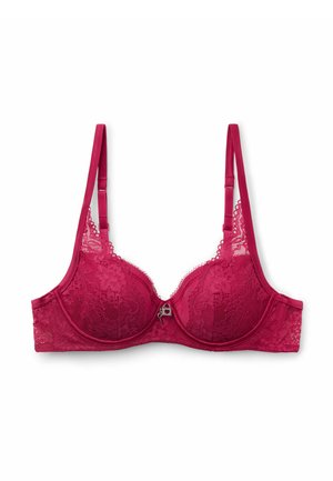 Soutien-gorge rouge en dentelle avec armatures, bretelles réglables et un petit charme décoratif au centre avant.