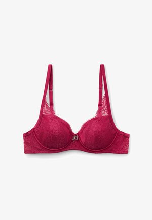 Roter Spitzen-Bügel-BH mit verstellbaren Trägern und kleinem dekorativem Anhänger in der Mitte vorne.