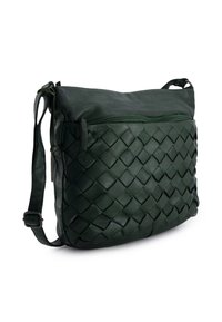 Green leather shoulder bag with a woven front design, featuring a zipper pocket and an adjustable strap. Smooth texture and versatile shape.