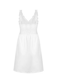 Camicia da notte bianca senza maniche con corpetto in pizzo, spalline regolabili e gonna liscia fino al ginocchio.