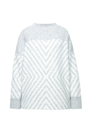 Helles graues Sweatshirt mit einem geometrischen Zickzackmuster in dunklerem Grau. Hergestellt aus weichem Material, mit einem hohen Kragen und gerippten Bündchen.
