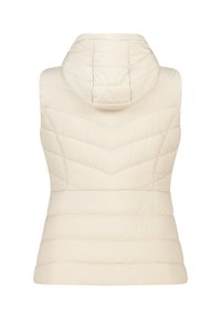 Beige puffer gilet met een capuchon, voorzien van gequiltte chevronpatronen. Het heeft een slim-fit pasvorm en een licht gestructureerd oppervlak.