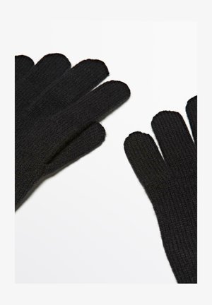Guanti neri lavorati a maglia con texture a coste e design a cinque dita, esposti su uno sfondo bianco.