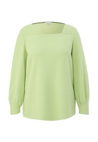 Lichtgroene top met vierkante halslijn, lange, licht opbollende mouwen en textiel met structuur. Heeft een losse pasvorm en subtiele naaddetails.