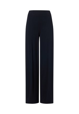 Pantaloni a gamba larga in blu scuro. Realizzati in tessuto morbido con una texture liscia. Presentano una vita alta e elastica per il massimo comfort.