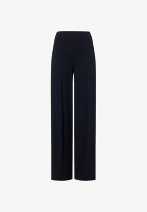 Pantaloni a gamba larga in blu scuro. Realizzati in tessuto morbido con una texture liscia. Presentano una vita alta e elastica per il massimo comfort.