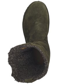 Olive green suede ankle boot with a soft, brown fleece lining. Round toe, flat rubber sole, and simple cuff design for easy wear.