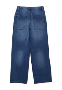 Wijduitlopende denim broek in medium blauw, met een gladde textuur, twee achterzakken en subtiele vervaging over de stof.