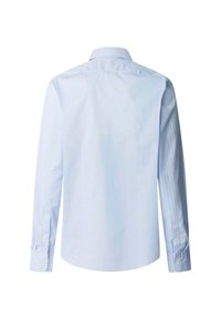 Camicia a maniche lunghe di colore azzurro chiaro realizzata in cotone, con un sottile motivo a righe, dotata di colletto classico e polsini con bottone.