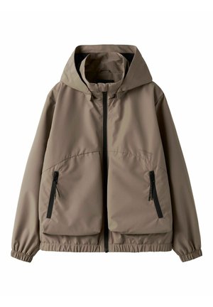 Taupe hettejakke med glidelås foran, to glidelåslommer på sidene, og elastiske mansjetter og kant, vist flatt på hvit bakgrunn.