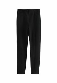 Black tapered pants with a smooth texture, featuring vertical seam details and a fitted waistband. Suitable for various occasions.