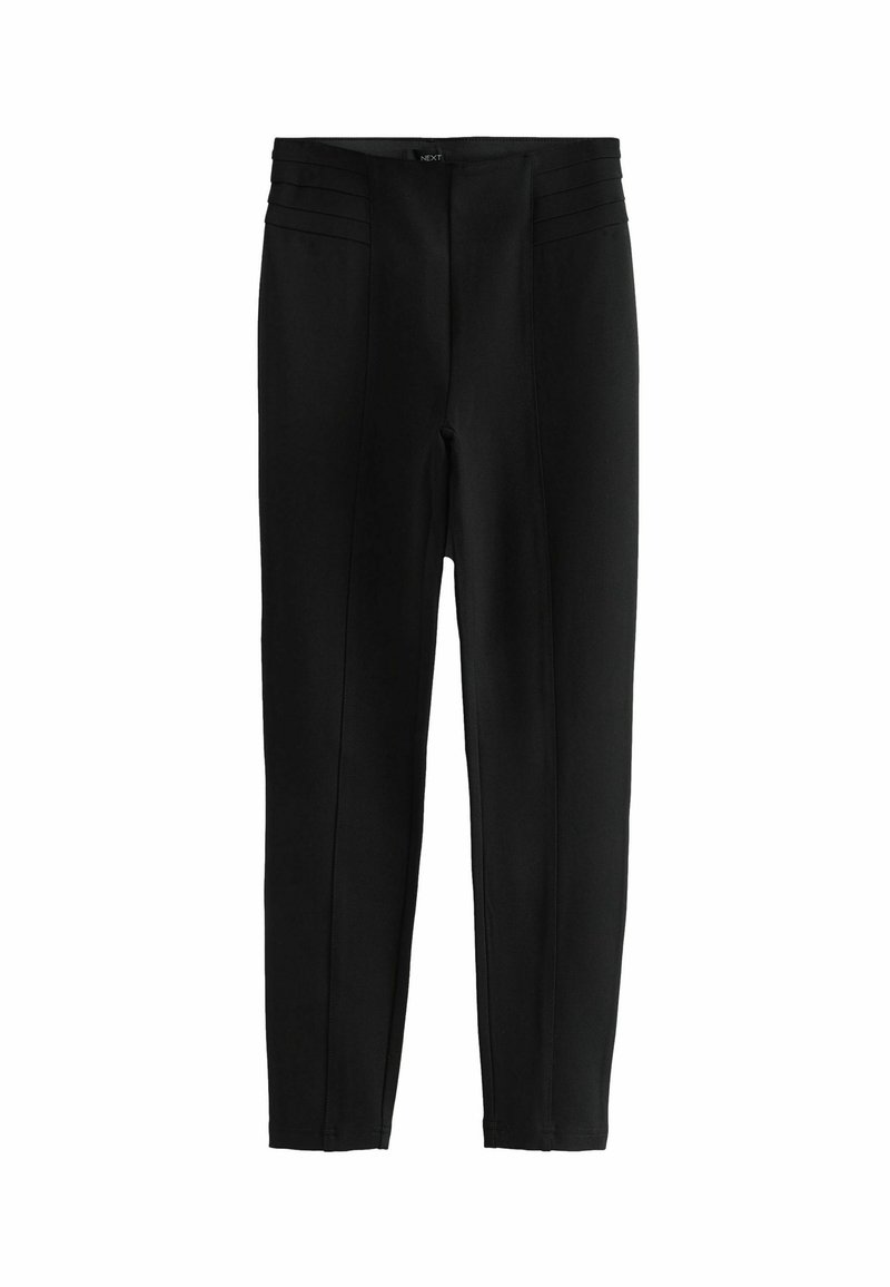 Black tapered pants with a smooth texture, featuring vertical seam details and a fitted waistband. Suitable for various occasions.