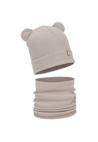 Beanie a coste beige con orecchie da orso e scaldacollo abbinato. Presenta un piccolo accento dorato a forma di cuore sul polsino del berretto. Texture morbida.