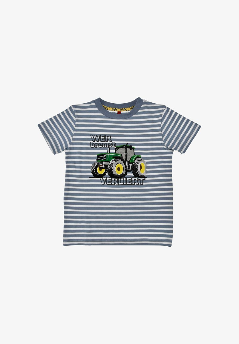 Chemise à manches courtes pour enfants, rayée gris et blanc, avec un motif de tracteur vert et le texte allemand « WER bremst VERLIERT » sur le devant.
