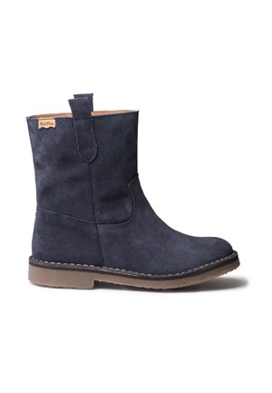 Navy blue suede mid-calf boot with tan sole, pull tab, and stitched detailing, shown in side profile on a white background.