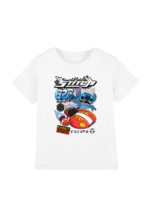 White cotton T-shirt featuring a colorful graphic of a blue character in a red vehicle with text and checkered background elements.