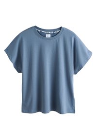 T-shirt bleu en coton à manches courtes avec encolure ronde et coupe légèrement ample, présenté sur fond blanc.