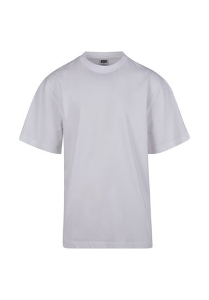 Schlichtes weißes T-Shirt mit kurzen Ärmeln und Rundhalsausschnitt, frontseitig auf weißem Hintergrund gezeigt, Etikett im Kragen sichtbar.