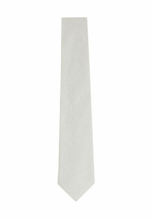 Cravate blanche en tissu lisse et texturé ; design étroit qui se rétrécit vers une pointe ; sans motifs ni matériel visible.