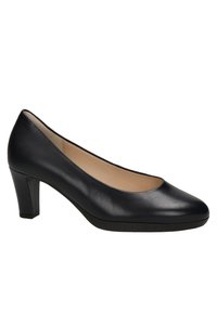 Escarpin en cuir noir à talon moyen avec bout arrondi et doublure intérieure beige, vue de profil sur fond blanc.
