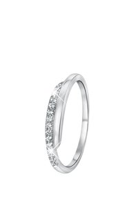 Silver-toned ring with a smooth band and a row of sparkling clear stones set in a polished surface, offering a sleek and modern design.