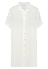Camicia bianca button-up realizzata in un tessuto leggero, con maniche corte, colletto e una patta frontale con bottoni rotondi.