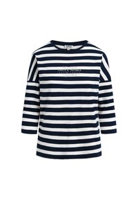 Navy and white striped long-sleeve shirt with a round neckline and three-quarter sleeves. Features printed text on the front. Soft fabric.