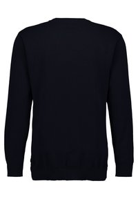 Navy blue knitted sweater with long sleeves, crew neck, and ribbed cuffs and hem. Simple design, soft texture, no visible patterns or embellishments.