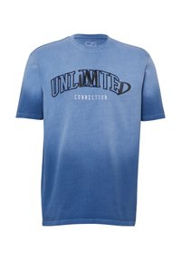 Blauwe gradient T-shirt met korte mouwen, gemaakt van katoen, met een geperst grafisch tekst "UNLIMITED CONNECTION" in het zwart over de borst.