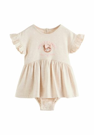 Rochiță pentru bebeluși cu mâneci scurte, bej, cu fustă adunată, buline albe și o grafică cu un ursuleț cu fundiță roz. Închidere cu capse la baza rochiei.