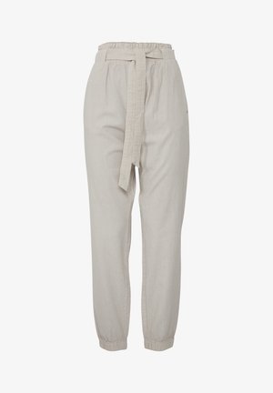 Pantaloni din in bej cu talie elastică și curea din material. Design cu picior îngustat și manșete stranse la glezne. Textură netedă.