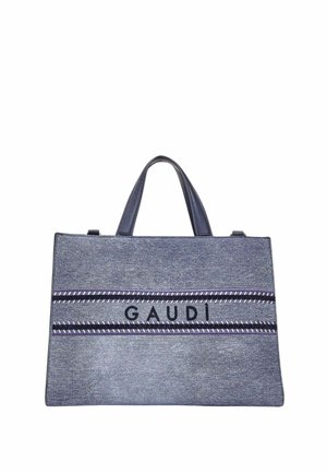 Borsa tote rettangolare in denim blu con doppi manici, due bande orizzontali a righe e la scritta "GAUDI" al centro.