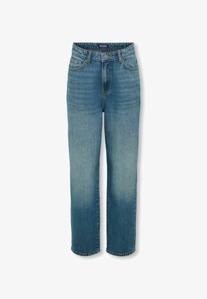 Világoskék farmernadrág magas derekú, egyenes szárajával, öt zsebes stílusban, minimális kopással a térdnél. Gombos és cipzáras zárás.