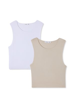 Set di due top senza maniche; uno bianco e uno beige. Entrambi presentano un collo rotondo e sono realizzati in un tessuto liscio ed elastico.