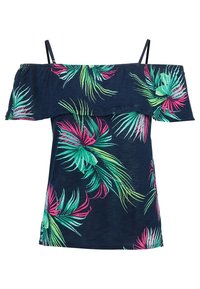 Bluzka z odkrytymi ramionami i cienkimi ramiączkami, granatowa tkanina z jasnymi zielonymi i różowymi tropikalnymi wzorami liści, miękka w dotyku, o luźnym kroju.