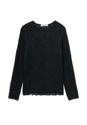 Haut noir à manches longues en dentelle avec motif floral, encolure ronde, ourlet et poignets festonnés, présenté sur un fond blanc.