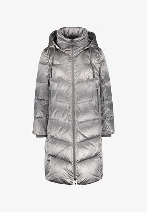 Long manteau matelassé argenté avec capuche, fermeture éclair intégrale à l'avant, poches latérales zippées et cordons de serrage sur la capuche, conçu pour les temps froids.