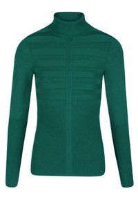 Pull à col roulé vert à manches longues en maille côtelée avec des rayures texturées horizontales sur le haut de la poitrine et une partie inférieure lisse.